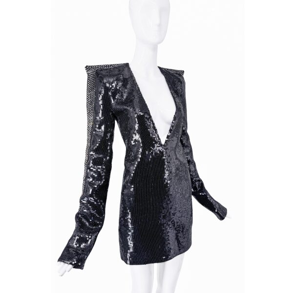 Saint Laurent Black Sequin Crystal Shoulder Deep V Cut Out Dress