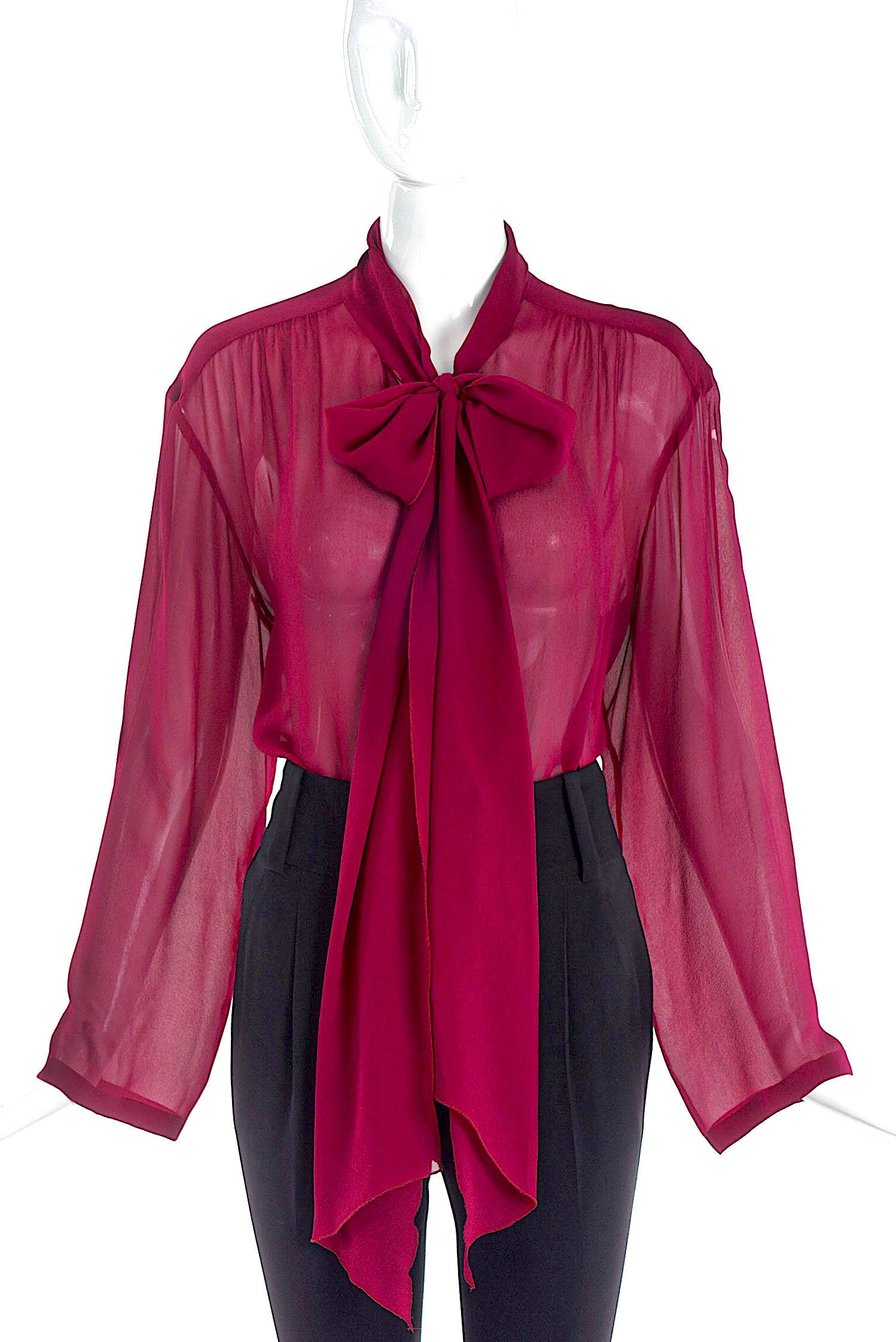 Chanel Red Maroon Berry Chiffon Pussy Bow Blouse FW1998 Chanel Red Maroon Berry Chiffon Pussy Bow Blouse FW1998