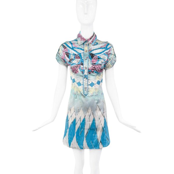 Roberto Cavalli Blue Short Sleeve Collared Printed Dress Spring 2004
