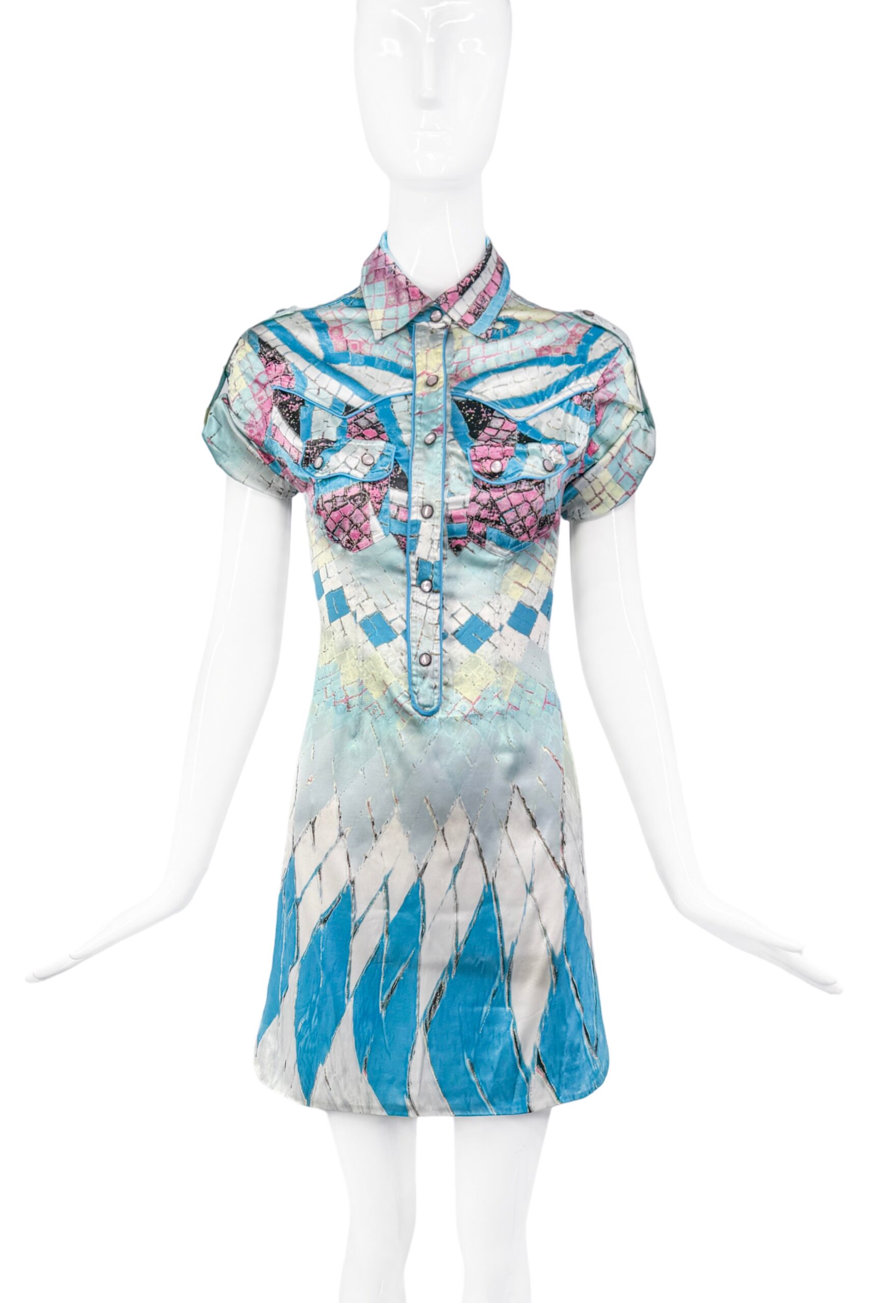 Roberto Cavalli Blue Short Sleeve Collared Printed Dress Spring 2004 Roberto Cavalli Blue Short Sleeve Collared Printed Dress Spring 2004