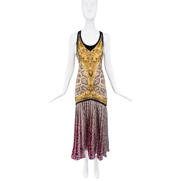 Roberto Cavalli Gold and Black Mulitcolor Snake Print Accordian Pleat Dress Gown