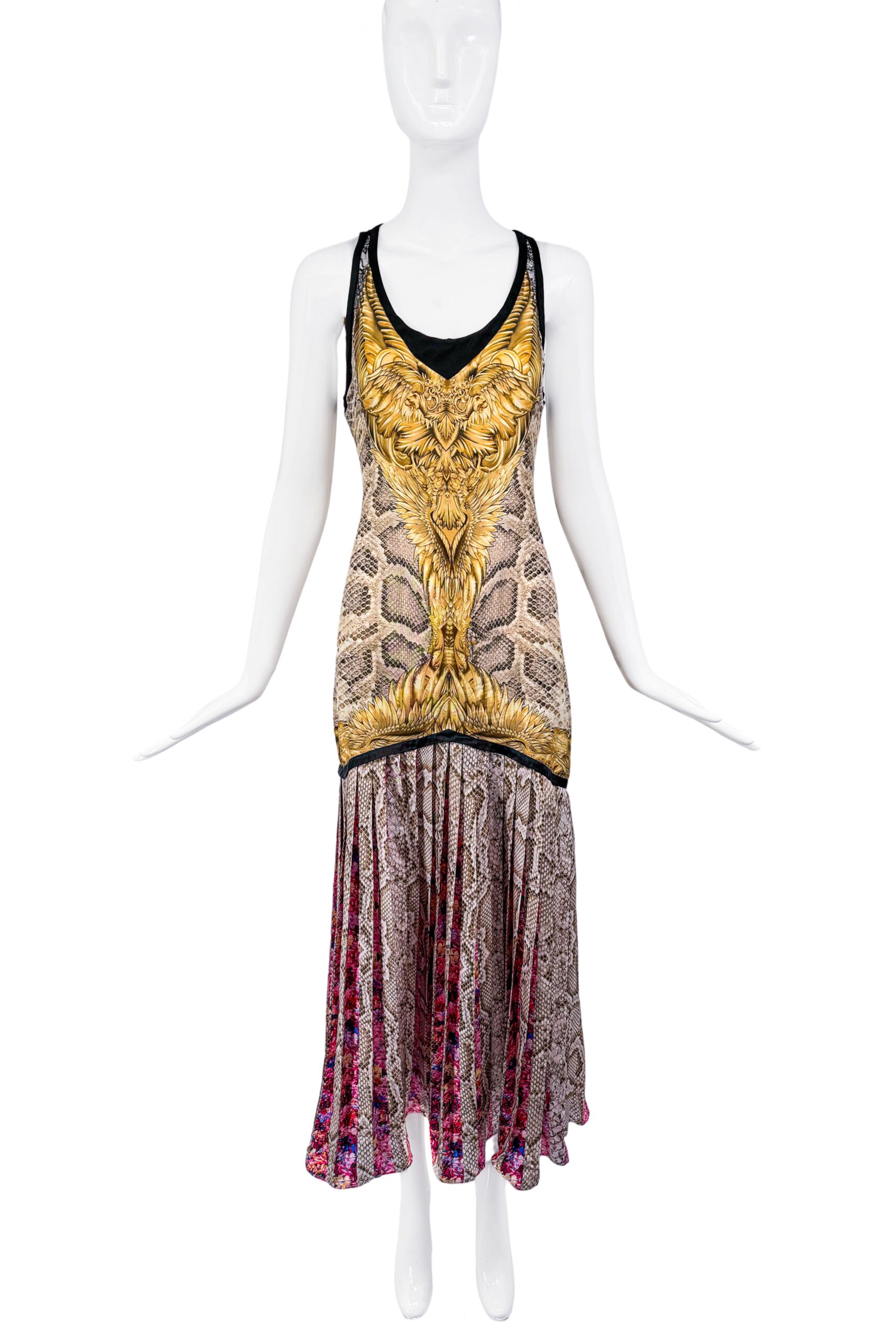 Roberto Cavalli Gold and Black Mulitcolor Snake Print Accordian Pleat Dress Gown Roberto Cavalli Gold and Black Mulitcolor Snake Print Accordian Pleat Dress Gown