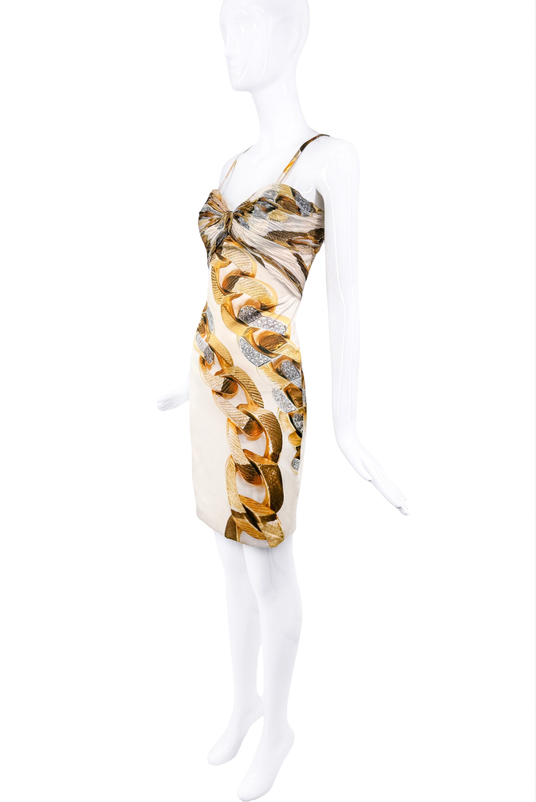 Roberto Cavalli White Gold Chain Print Ruched Dress Roberto Cavalli White Gold Chain Print Ruched Dress
