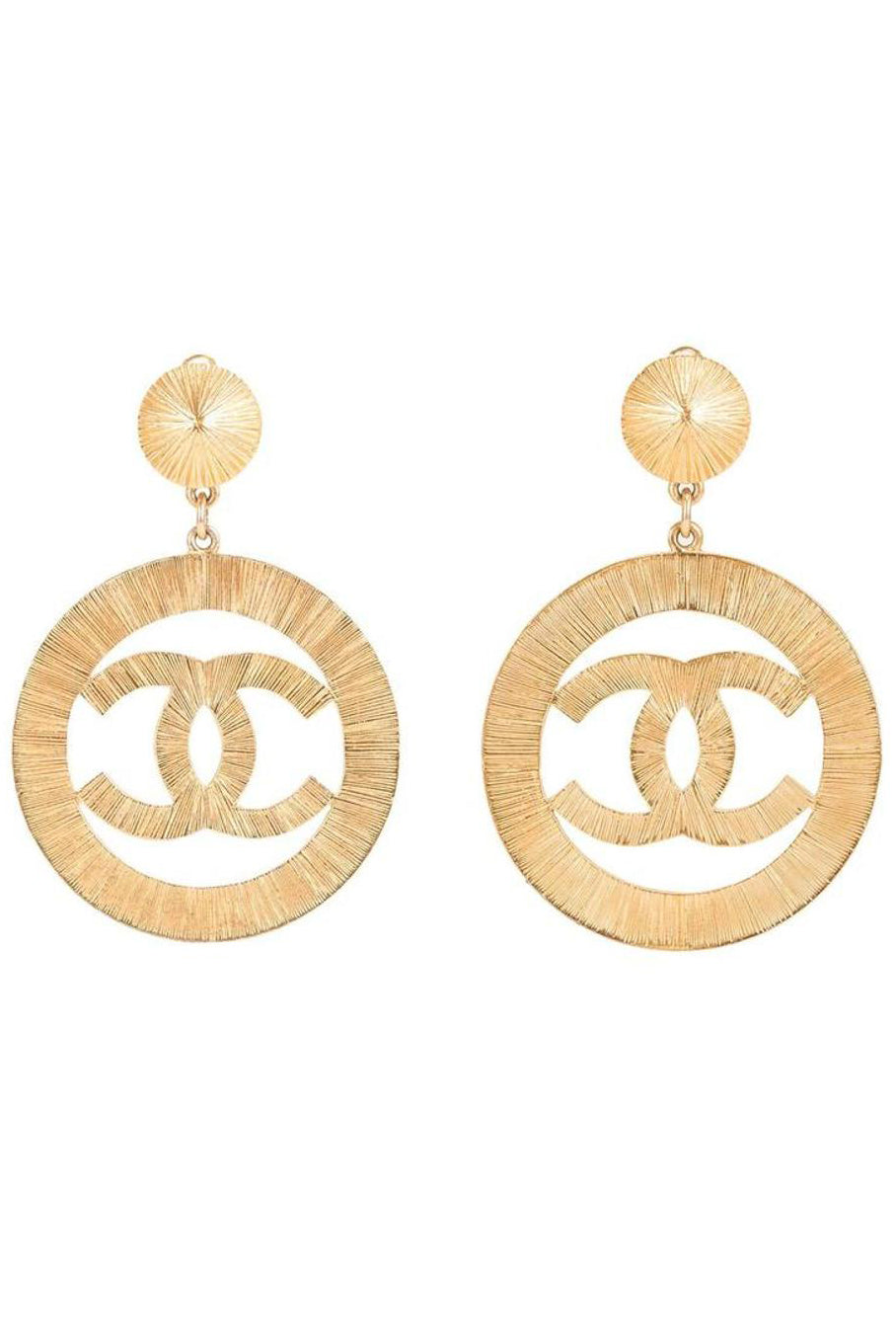 Chanel Gold Sunburst Iconic “CC” Logo Hoop Earrings 1990’s Supermodel Era Chanel Gold Sunburst Iconic “CC” Logo Hoop Earrings 1990’s Supermodel Era