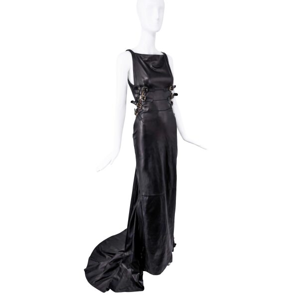 DSquared Black Leather Gold Buckle Fishtail Gown Spring 2013 Runway