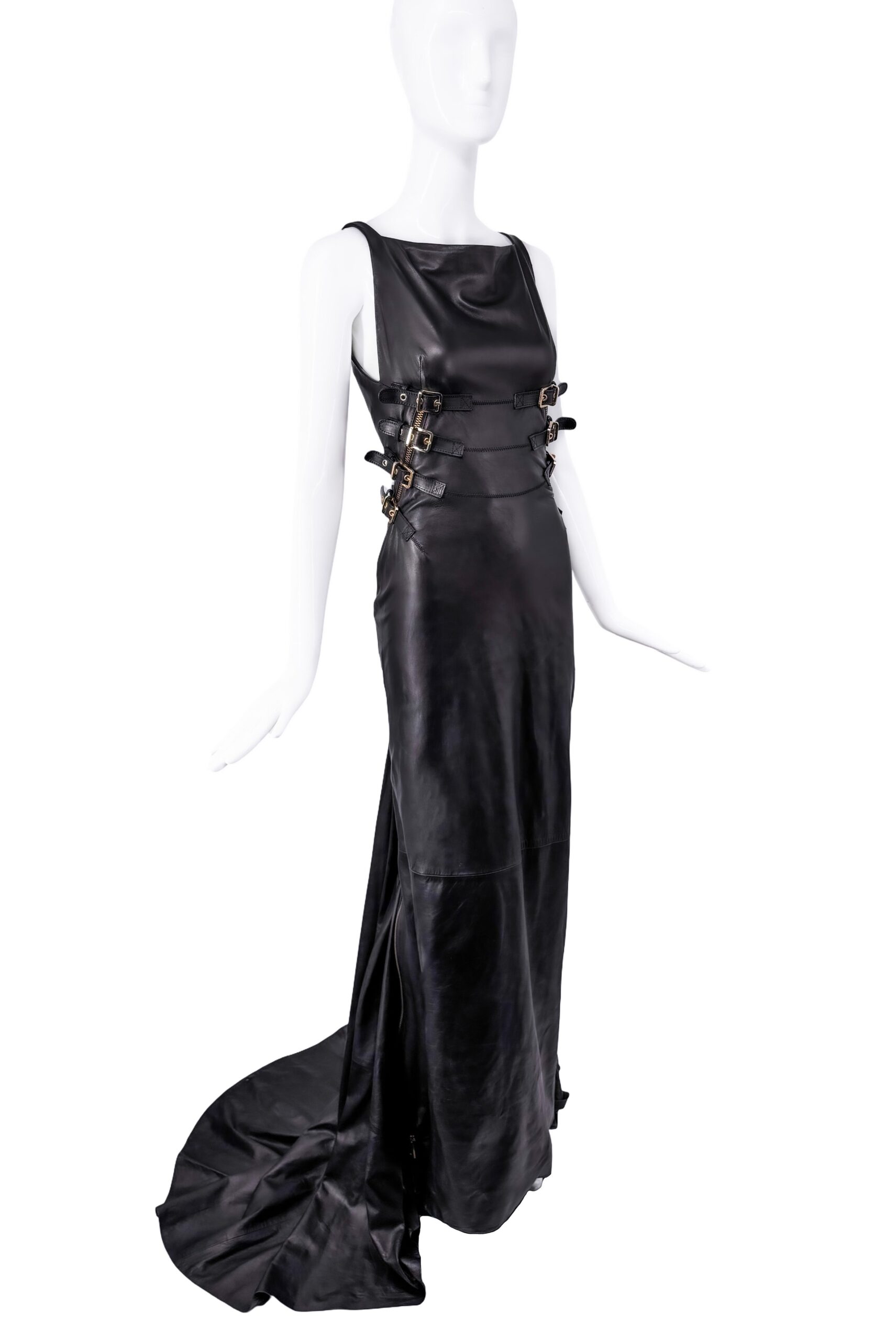 DSquared Black Leather Gold Buckle Fishtail Gown Spring 2013 Runway DSquared Black Leather Gold Buckle Fishtail Gown Spring 2013 Runway