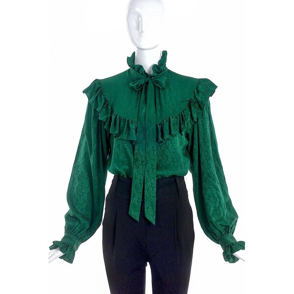 Saint Laurent Emerald Paisley Print Ruffle and Bow Blouse
