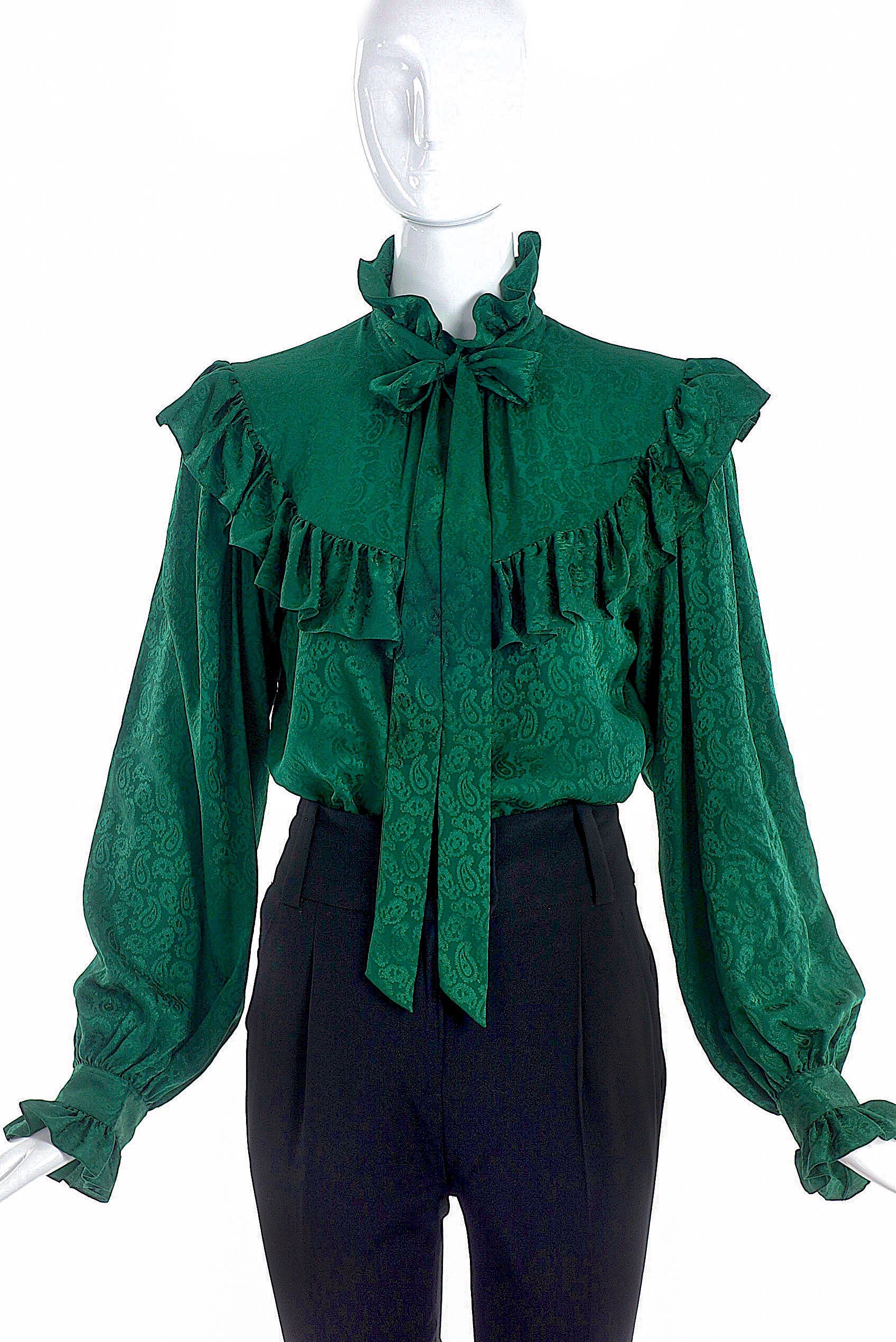 Saint Laurent Emerald Paisley Print Ruffle and Bow Blouse Saint Laurent Emerald Paisley Print Ruffle and Bow Blouse