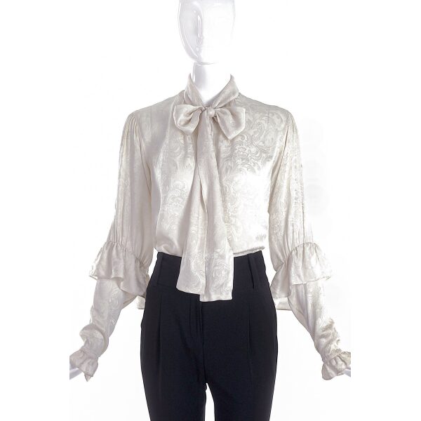 Saint Laurent Rive Gauche White Ruffle Bow Blouse with Paisley Print