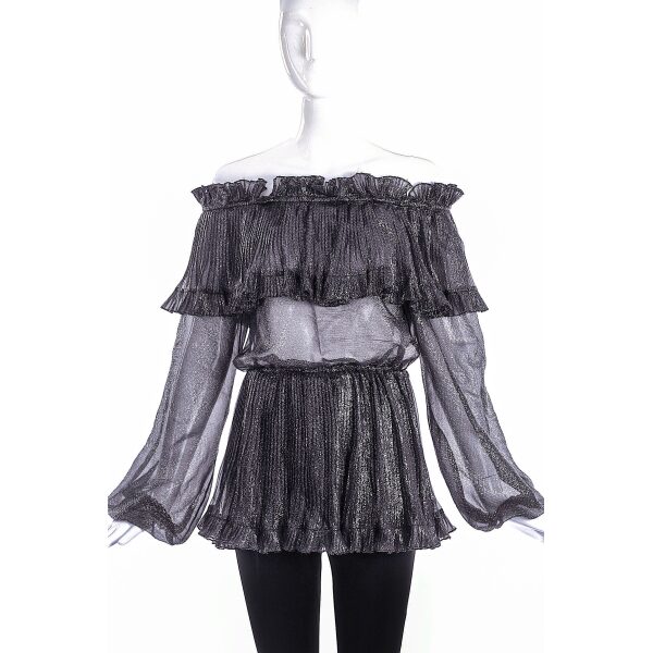 Saint Laurent Rive Gauche Metallic Ruffle Off the Shoulder Blouse