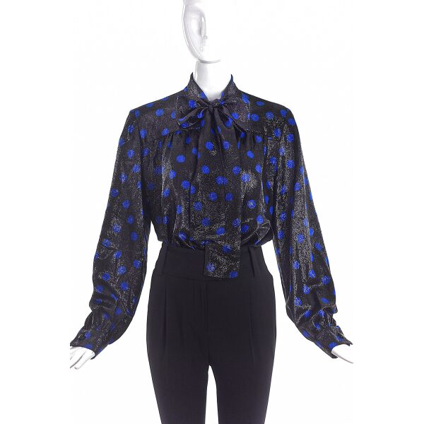 Givenchy Nouvelle Black Metallic Bow Blouse with Blue Dots
