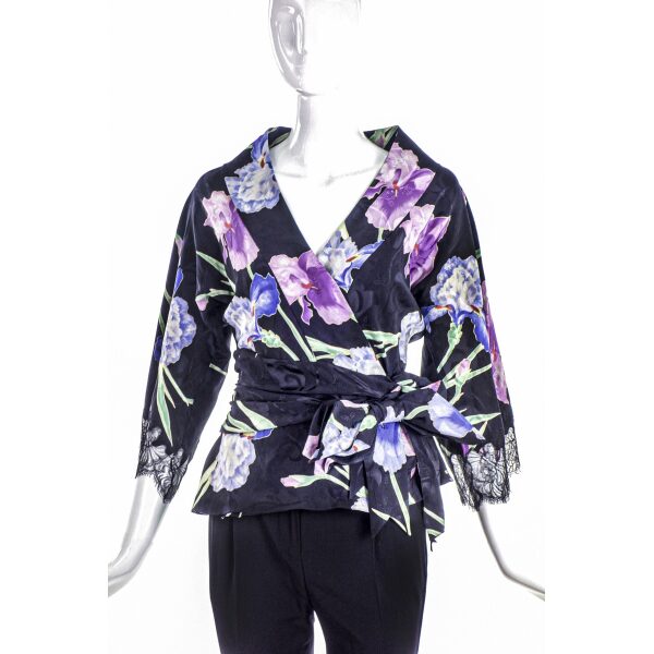 John Galliano Purple and Violet Floral Print Kimono Style Blouse
