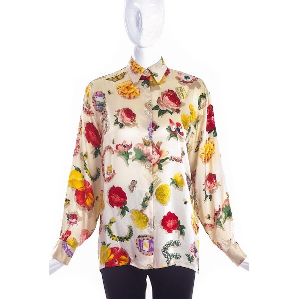 Gucci Multi-Color Floral Silk Button-Up Shirt Blouse
