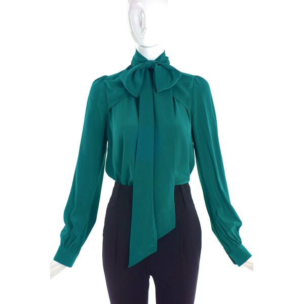 Gucci Emerald Teal Green Military Neck Bow Button-Up Blouse