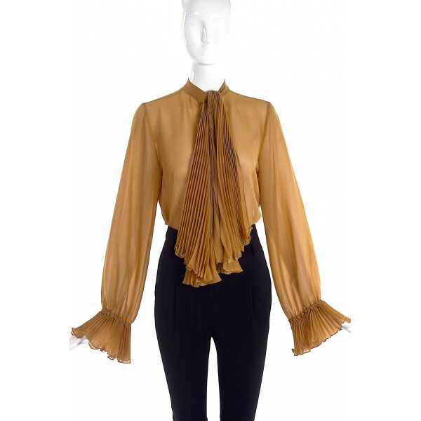 Gucci Camel Sheer Button-Up Blouse with Pleated Tie