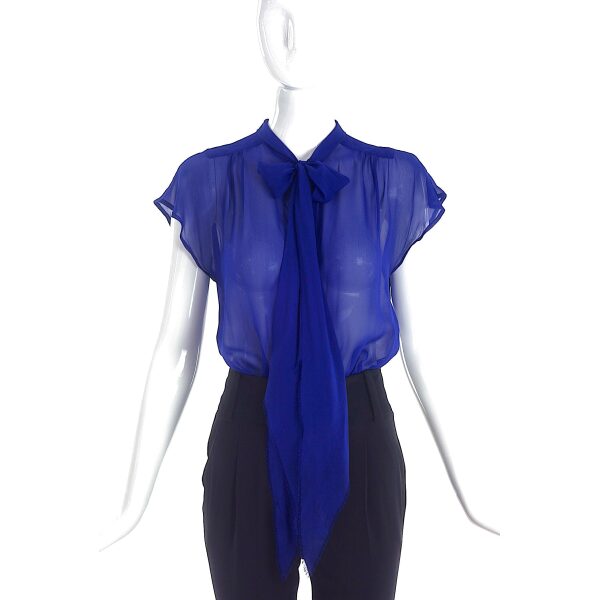 Marc Jacobs Cobalt Sheer Button-Up Blouse with Bow Neck Tie