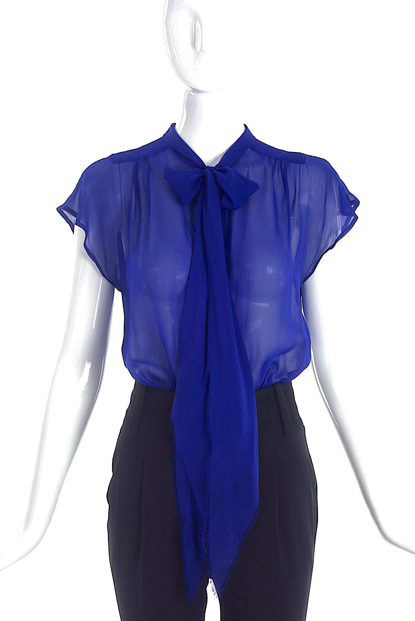 Marc Jacobs Cobalt Sheer Button-Up Blouse with Bow Neck Tie Marc Jacobs Cobalt Sheer Button-Up Blouse with Bow Neck Tie