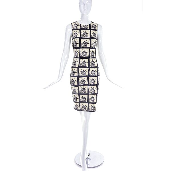 Fausto Puglisi Ivory and Black Lady Liberty Print Fitted Column Dress FW2014
