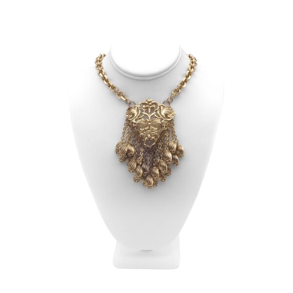 Pauline Trigère Necklace on a Gold Chain with Gold Floral Pendent and Chain Charm Fringe