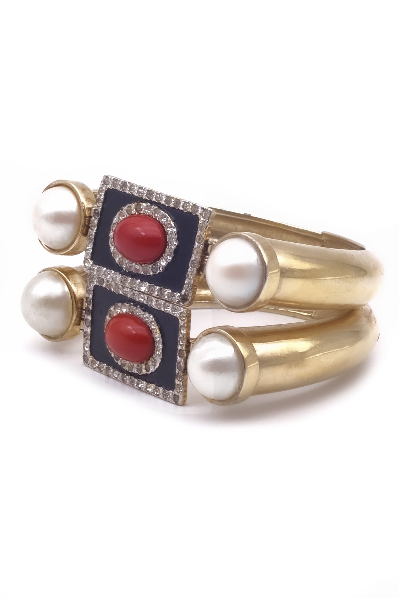 Valentino Gold Cuff Bracelet with Jet Black and Round Red Enamel Detail Valentino Gold Cuff Bracelet with Jet Black and Round Red Enamel Detail