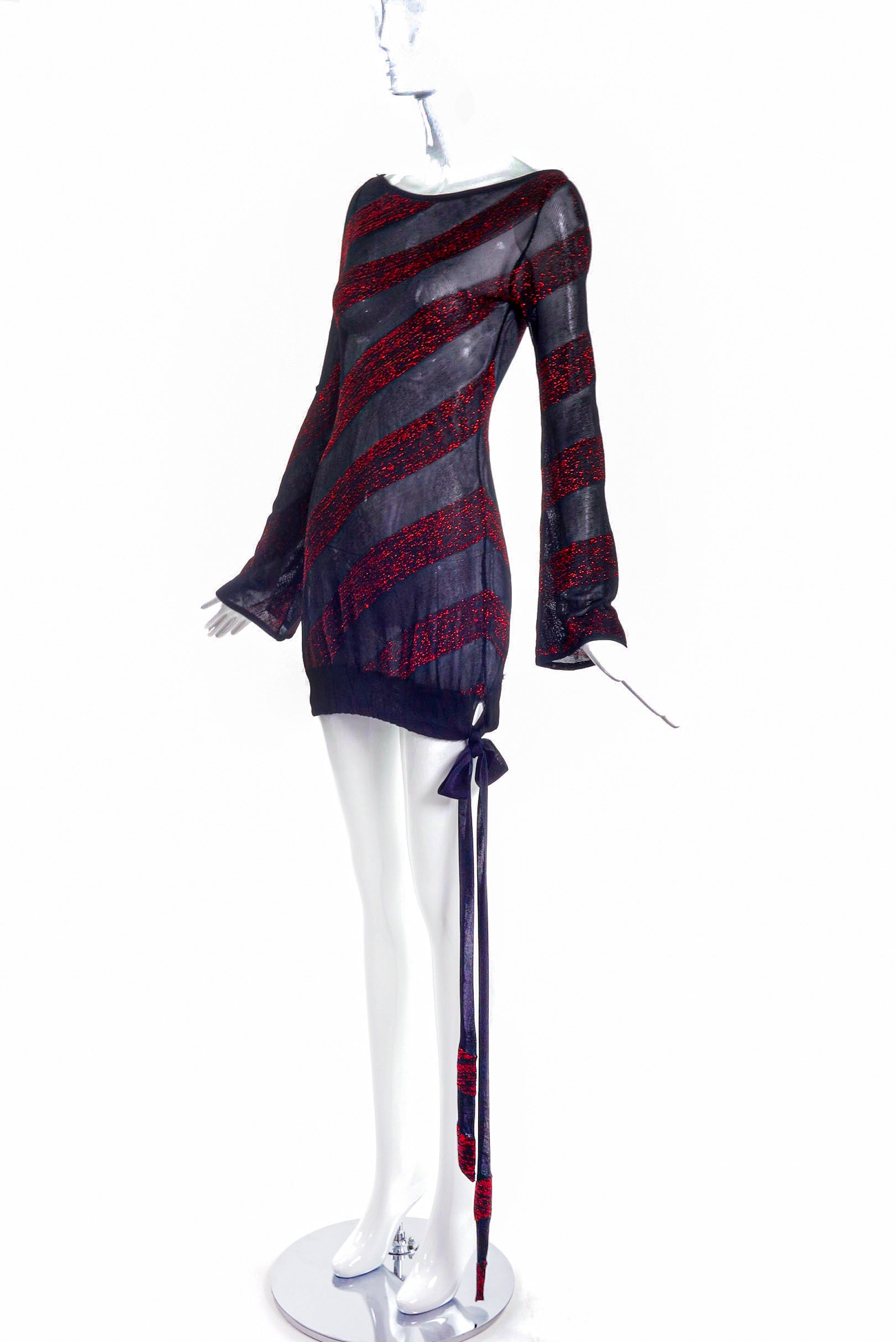 Alexander McQueen Sheer Mini Dress with Red Lurex Stripes # Alexander McQueen Sheer Mini Dress with Red Lurex Stripes #