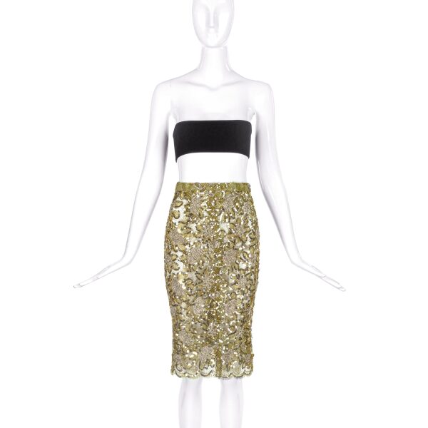 Vicky Tiel Luxurious Gold Lace Floral Skirt with Sequin Details
