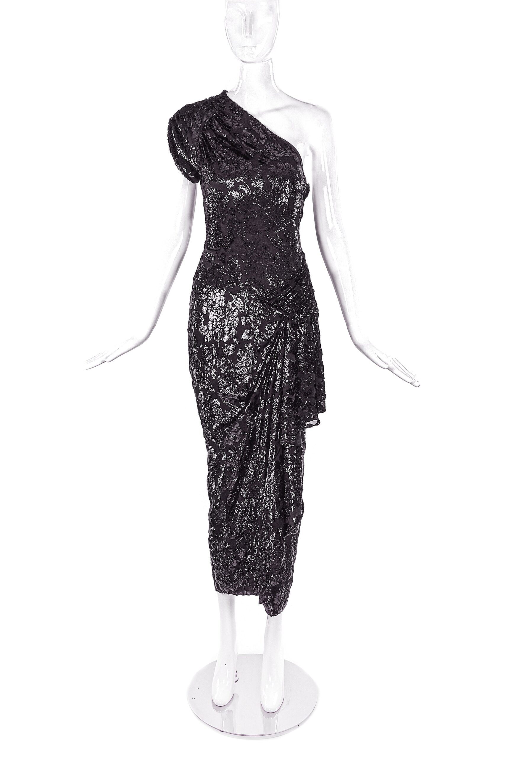 Vicky Tiel Metallic Black Lurex and Silk One Shoulder Cocktail Dress Vicky Tiel Metallic Black Lurex and Silk One Shoulder Cocktail Dress