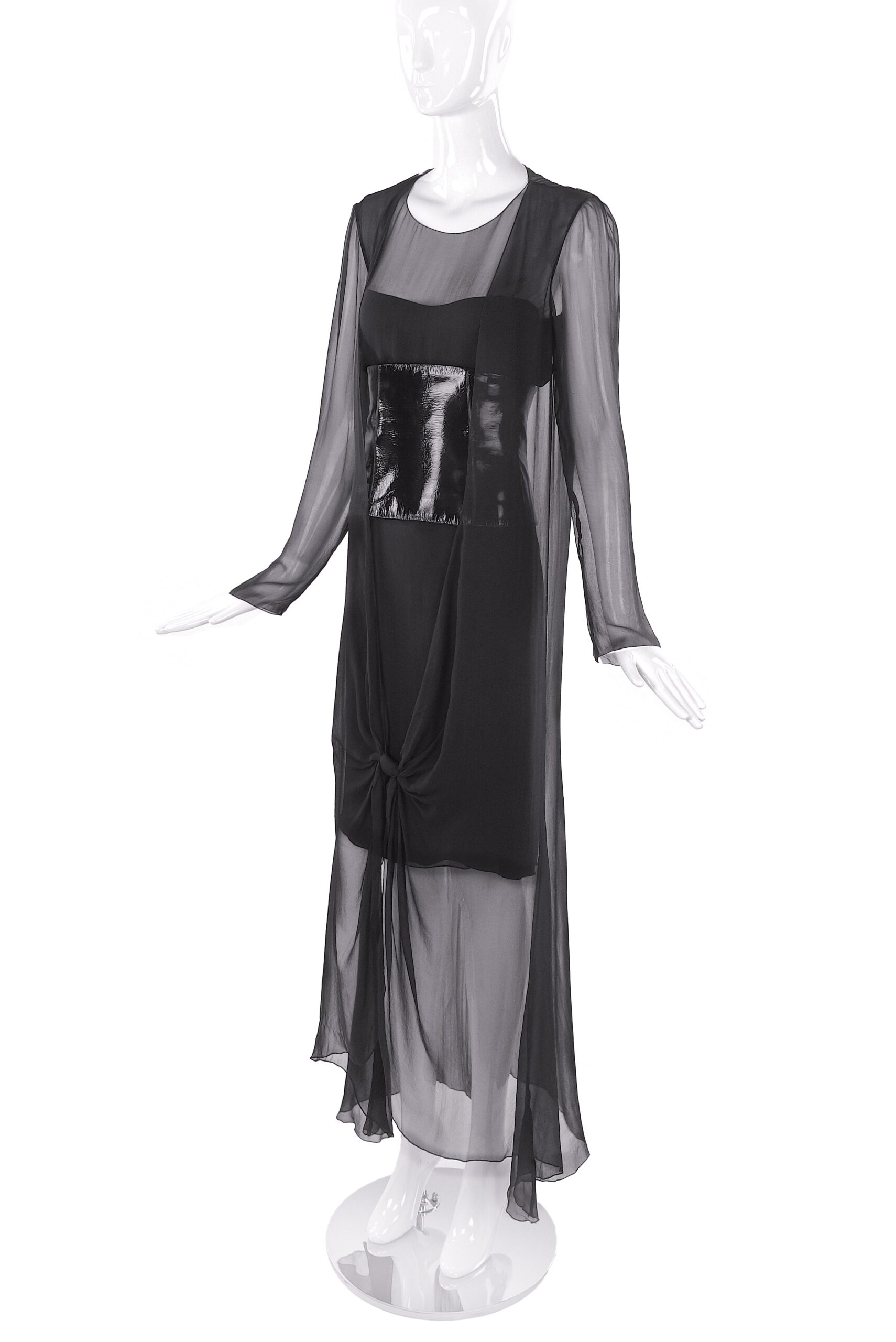 Chanel Black Chiffon Drape Gown Dress with a Patent Leather Corset Chanel Black Chiffon Drape Gown Dress with a Patent Leather Corset
