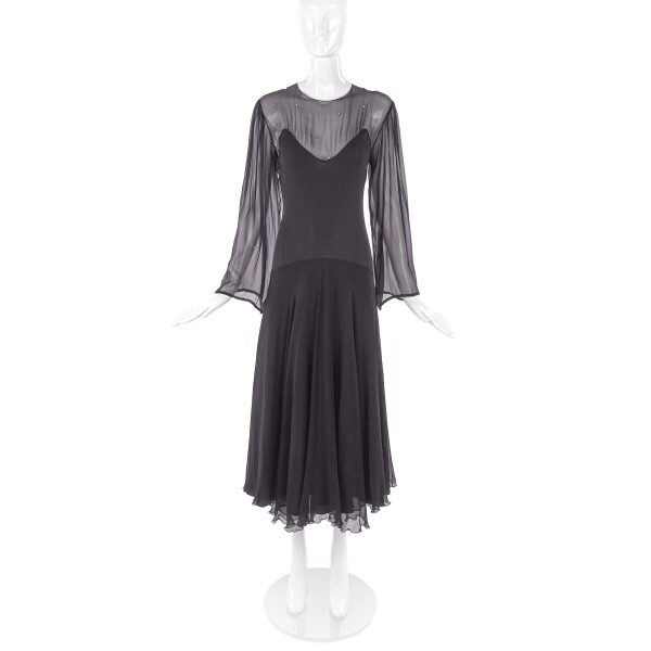 Vicky Tiel Black Chiffon Caftan Sleeve “Elizabeth Taylor” Evening Dress with Rhinestones