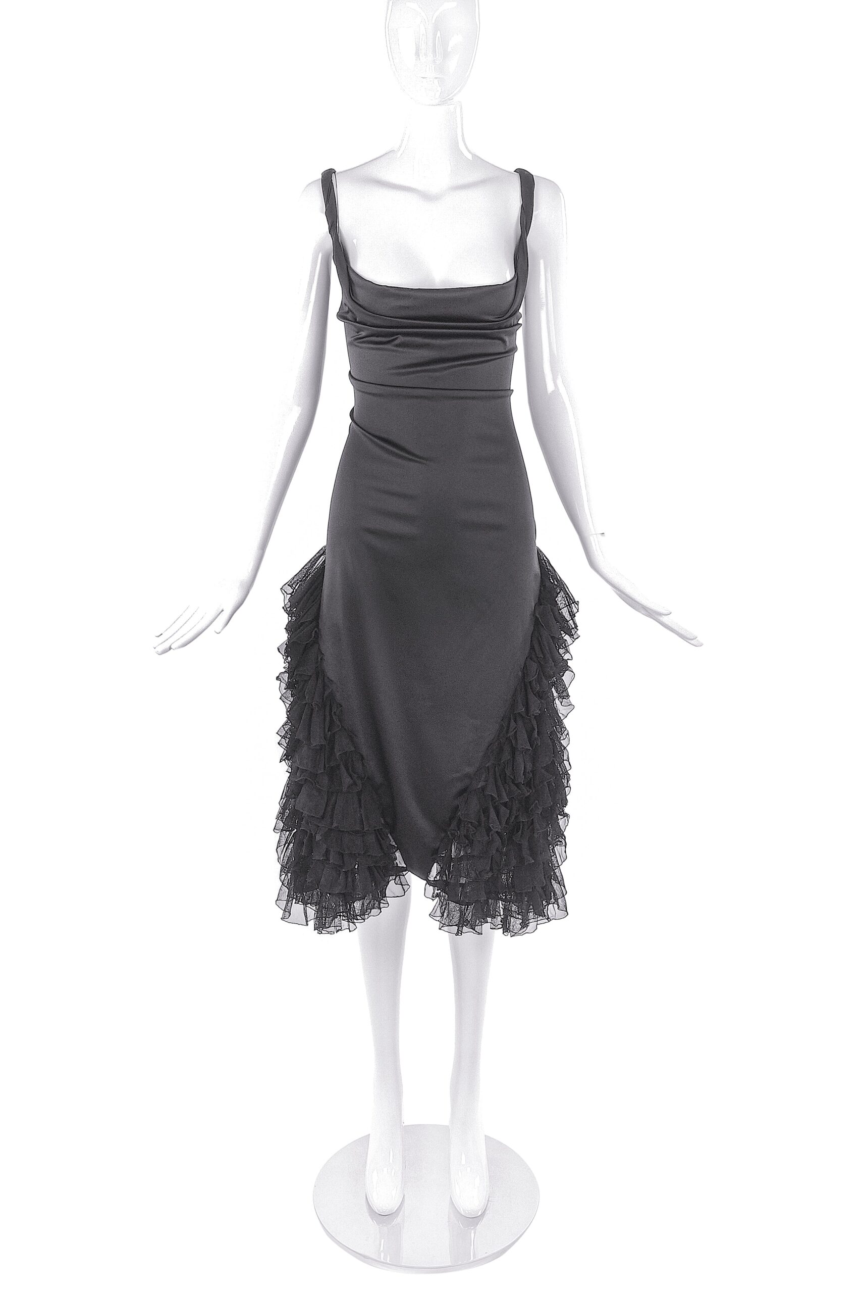 Alexander McQueen Black Satin Cowl Neck Dress with Lace Ruffle Details Late Nineties Alexander McQueen Black Satin Cowl Neck Dress with Lace Ruffle Details Late Nineties