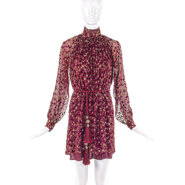 Loris Azzaro Burgundy Chiffon Mini Dress with Gold Lurex Dots and matching Tassel Belt