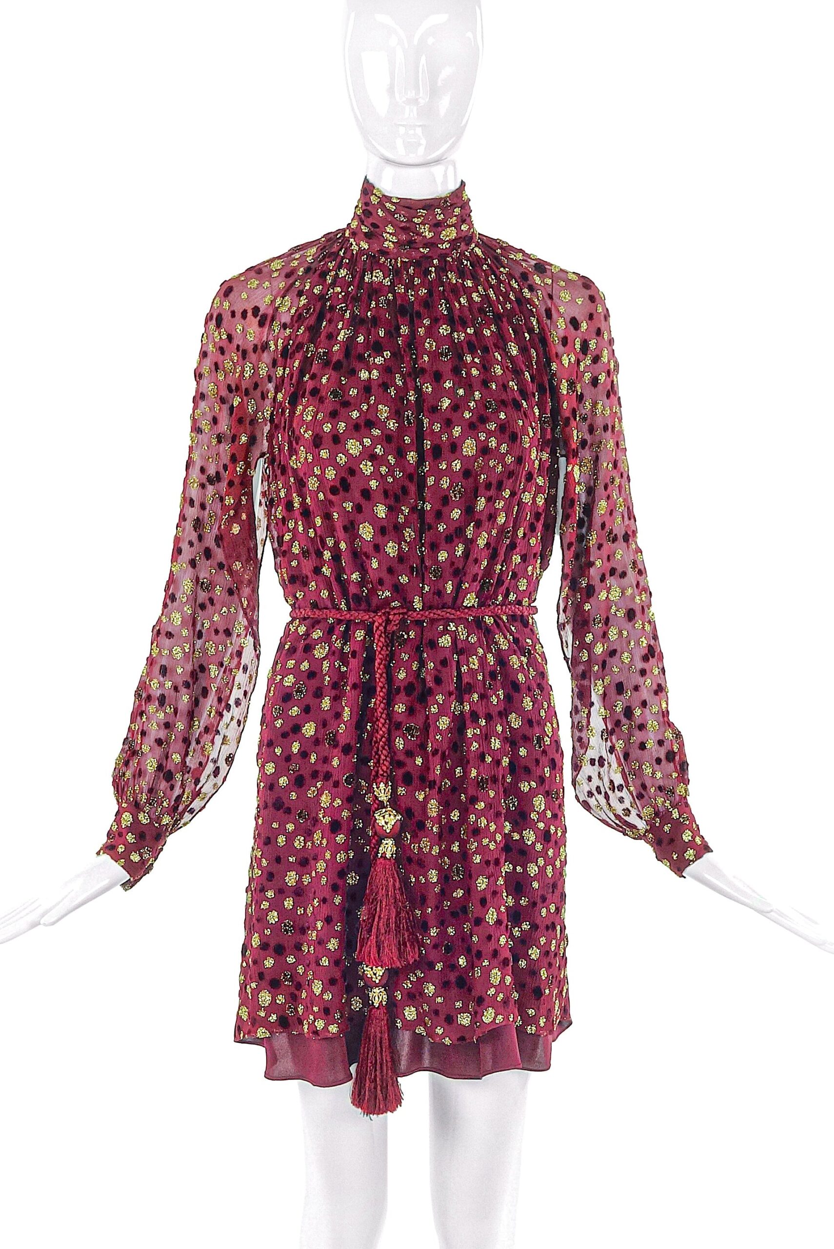 Loris Azzaro Burgundy Chiffon Mini Dress with Gold Lurex Dots and matching Tassel Belt Loris Azzaro Burgundy Chiffon Mini Dress with Gold Lurex Dots and matching Tassel Belt