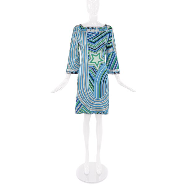 Emilio Pucci Green and Blue Classic Print Midi Shift Dress with Star SS2008
