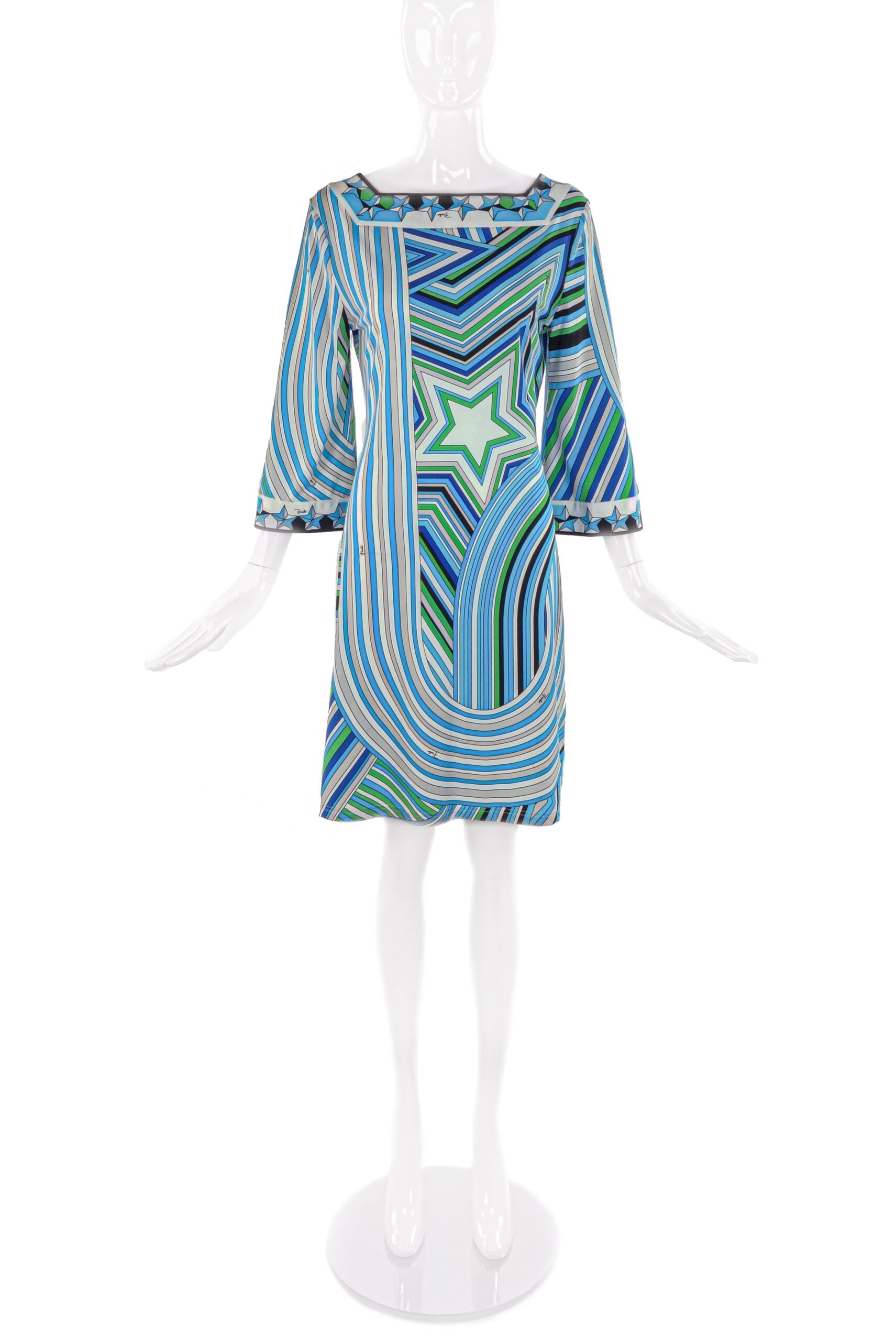 Emilio Pucci Green and Blue Classic Print Midi Shift Dress with Star SS2008 Emilio Pucci Green and Blue Classic Print Midi Shift Dress with Star SS2008