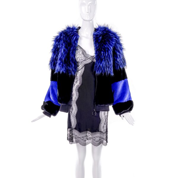 Vintage Blue and Black Graphic Faux Fur Jacket