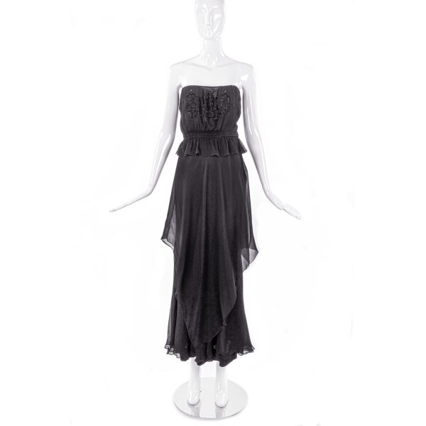 Vicky Tiel Black Chiffon Strapless Beaded Top and Skirt
