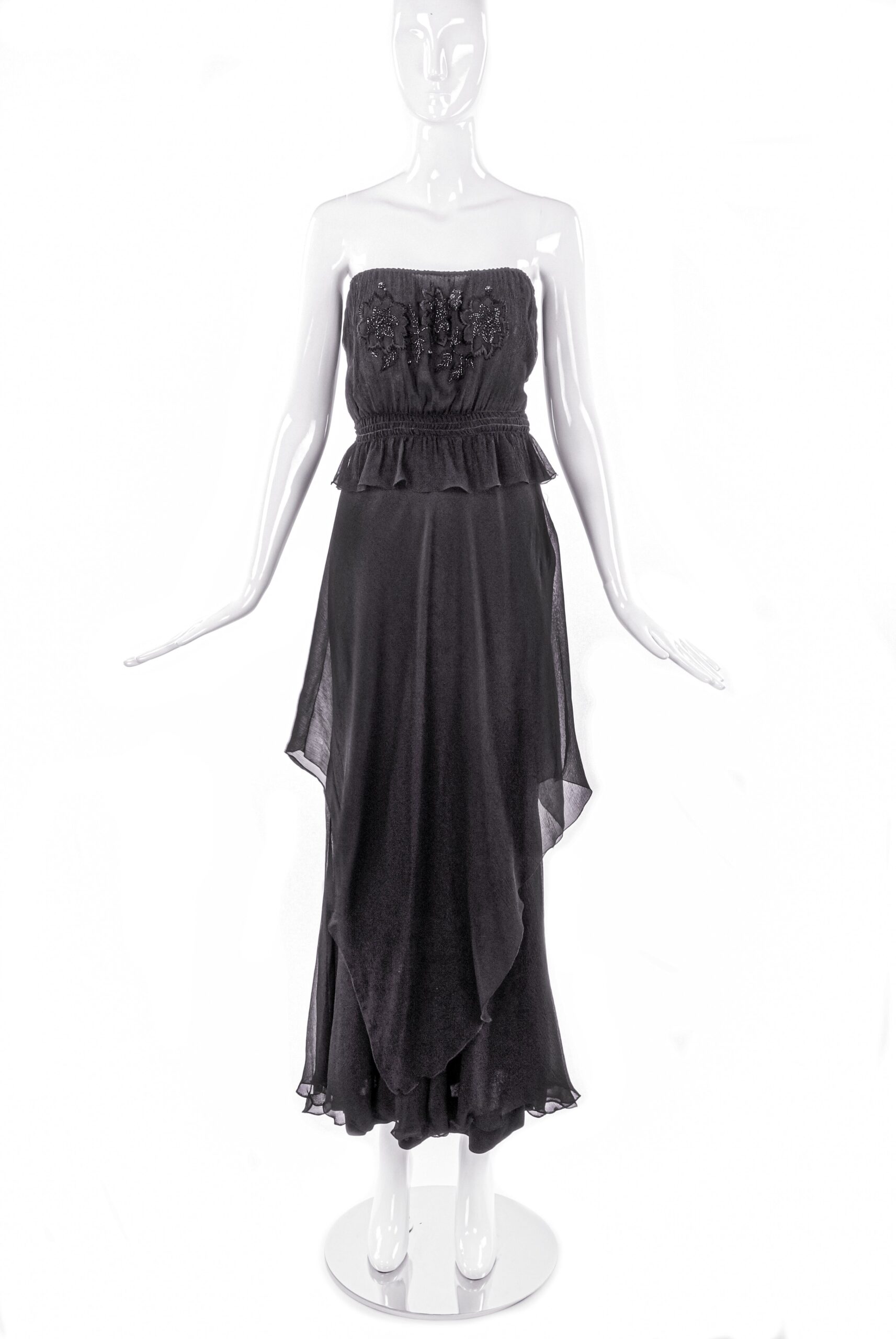 Vicky Tiel Black Chiffon Strapless Beaded Top and Skirt Vicky Tiel Black Chiffon Strapless Beaded Top and Skirt