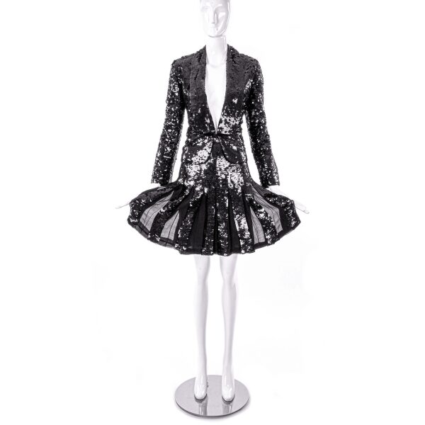Oleg Cassini Black Silk and Sequin Suit Blazer and Louis Feraud Flouncy Sequin Chiffon Skirt