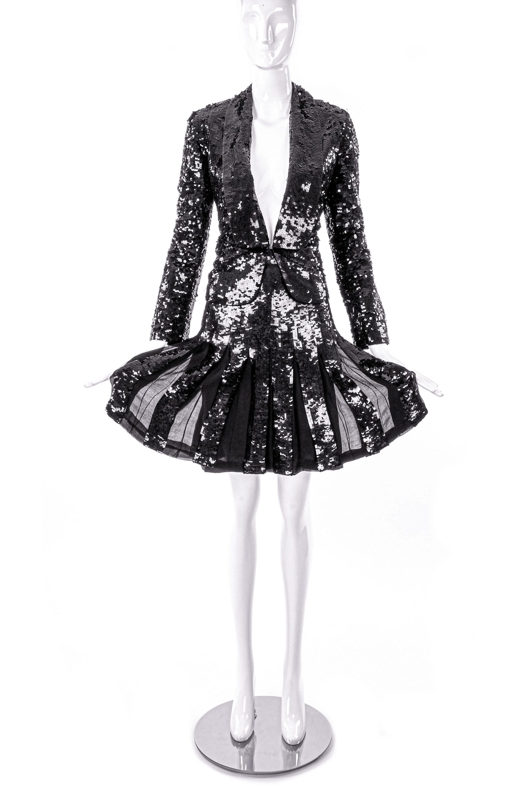 Oleg Cassini Black Silk and Sequin Suit Blazer and Louis Feraud Flouncy Sequin Chiffon Skirt Oleg Cassini Black Silk and Sequin Suit Blazer and Louis Feraud Flouncy Sequin Chiffon Skirt