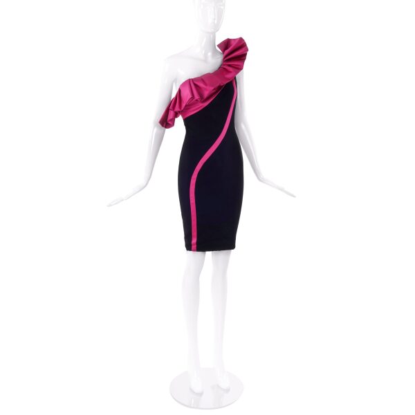 Emanuel Ungaro Black with a Pink Satin Ruffle Cocktail Dress