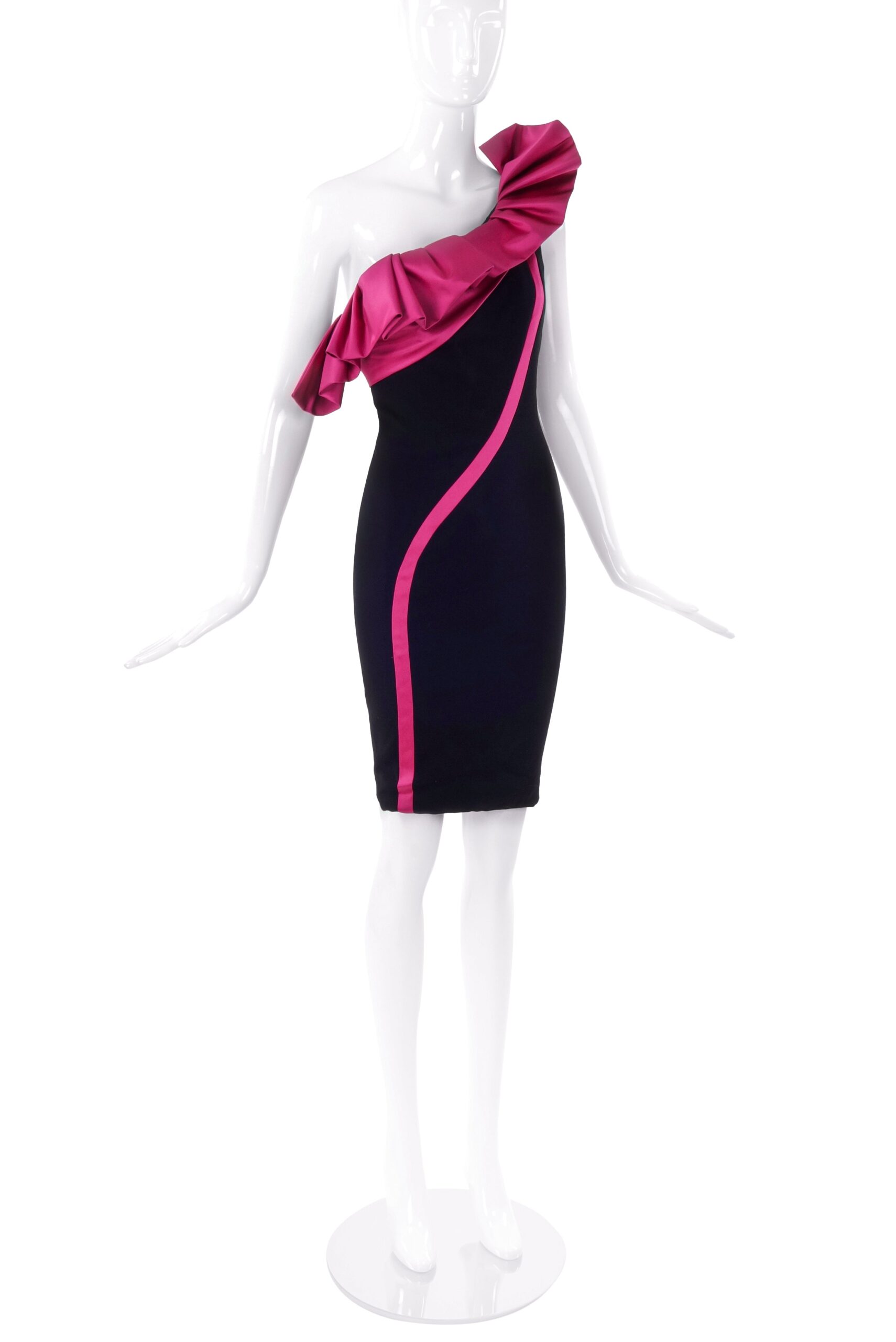 Emanuel Ungaro Black with a Pink Satin Ruffle Cocktail Dress Emanuel Ungaro Black with a Pink Satin Ruffle Cocktail Dress
