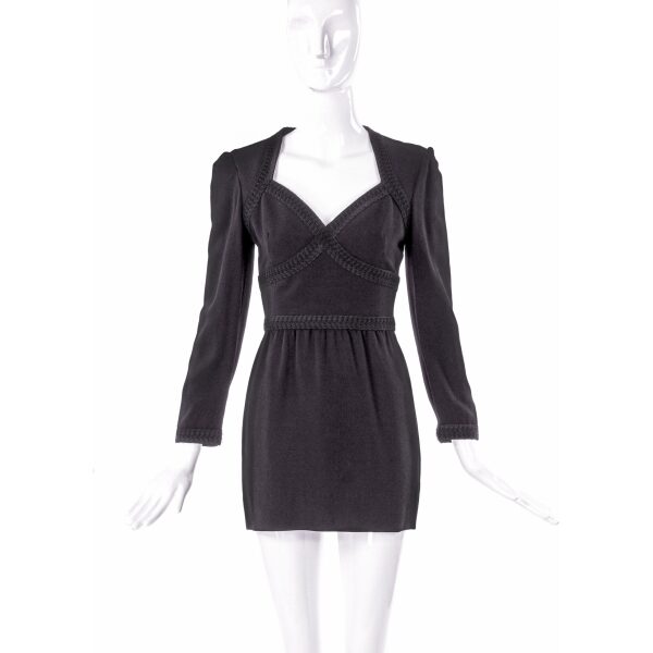 Louis Féraud Black Long Sleeve Mini Dress with Braid Trim