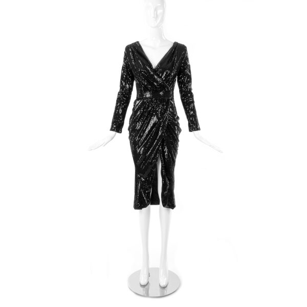Vintage Black Sequin Long Sleeved Draped Dress