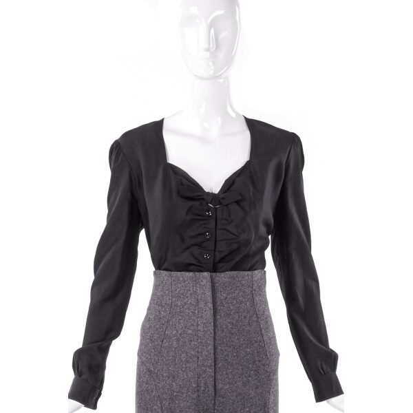 Yves Saint Laurent Black Ruffle Tie Sweetheart Neckline Top