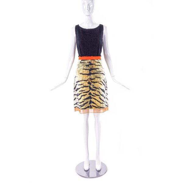 Giambattista Valli Black Boucle and Chiffon Tiger Print Dress