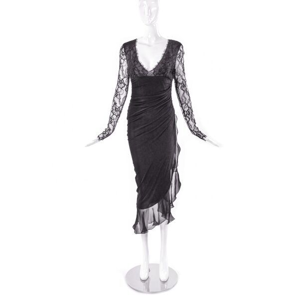 Emanuel Ungaro Black Ruched Cocktail Dress with Lace Long Sleeves