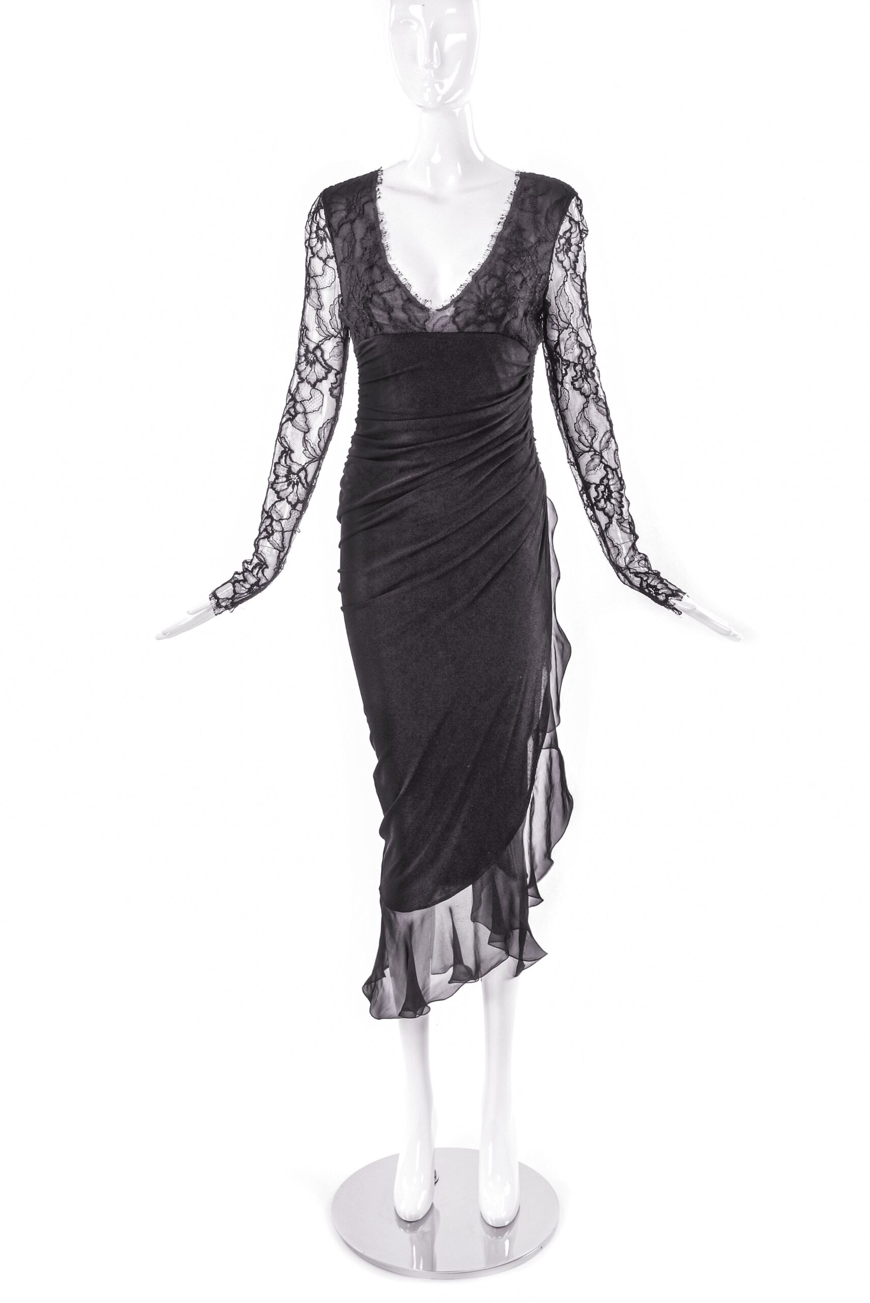 Emanuel Ungaro Black Ruched Cocktail Dress with Lace Long Sleeves Emanuel Ungaro Black Ruched Cocktail Dress with Lace Long Sleeves