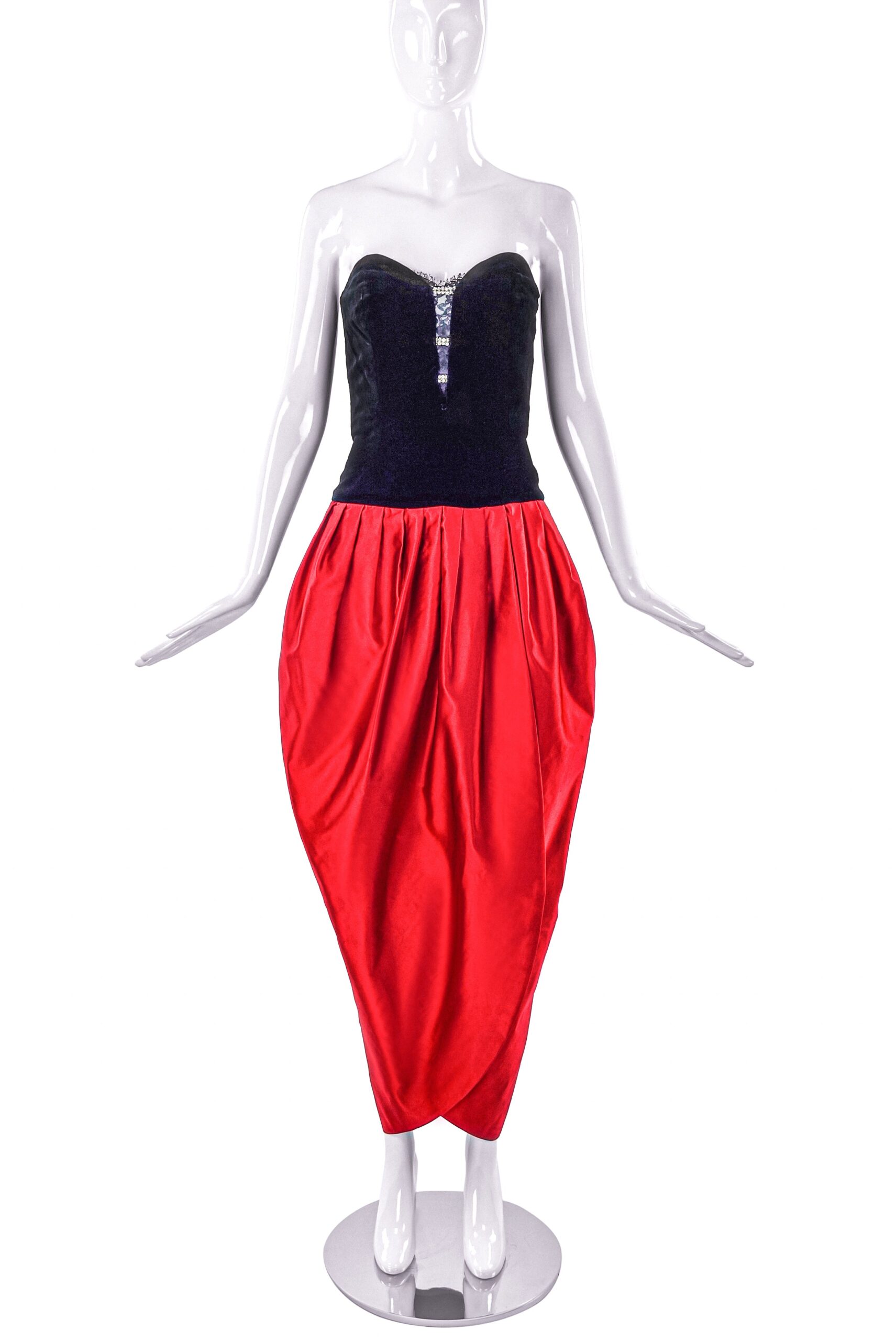 Vicky Tiel Black Velvet Bodice and Red Satin Tulip Gown Dress Vicky Tiel Black Velvet Bodice and Red Satin Tulip Gown Dress