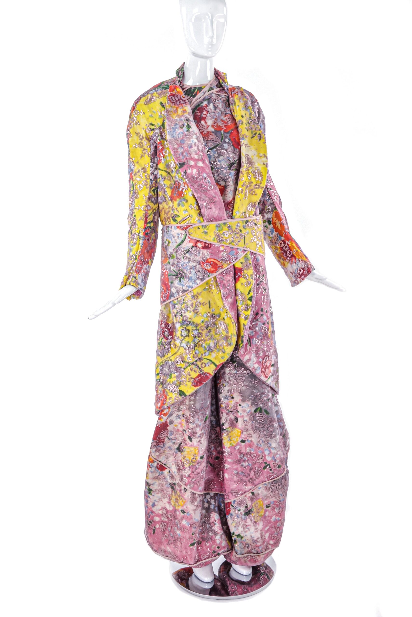 As Four Multi Color Pink Yellow Floral Lace Dress Coat with Kimono Belt As Four Multi Color Pink Yellow Floral Lace Dress Coat with Kimono Belt