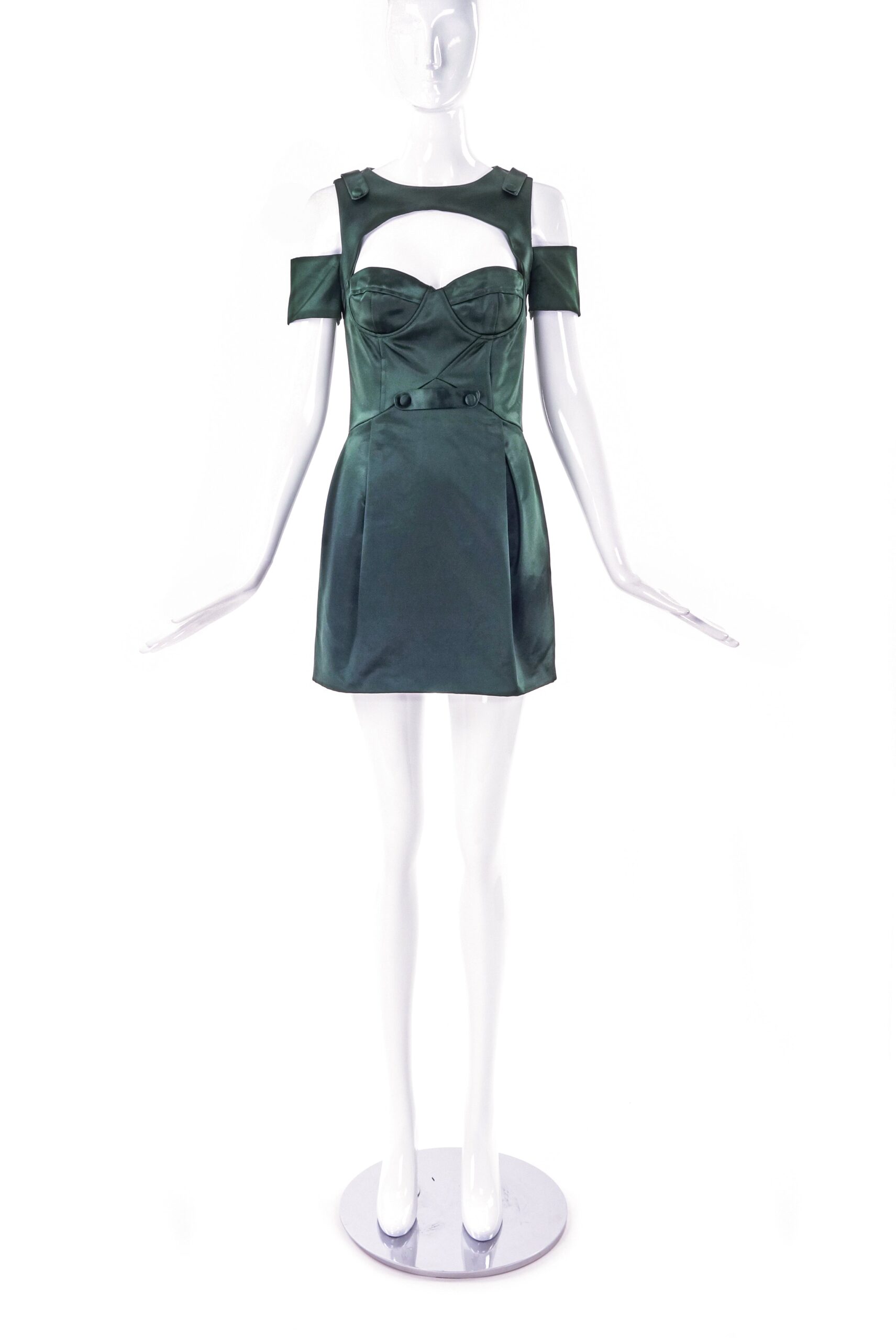 Versus Versace Dark Green Satin Cut-Out Detail Mini Dress FW2010 Versus Versace Dark Green Satin Cut-Out Detail Mini Dress FW2010